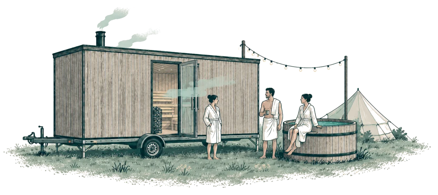 Ink illustration: a long timber sauna on a trailer with festoon lights, a plunge tub and three people in robes and towels beside a bell tent