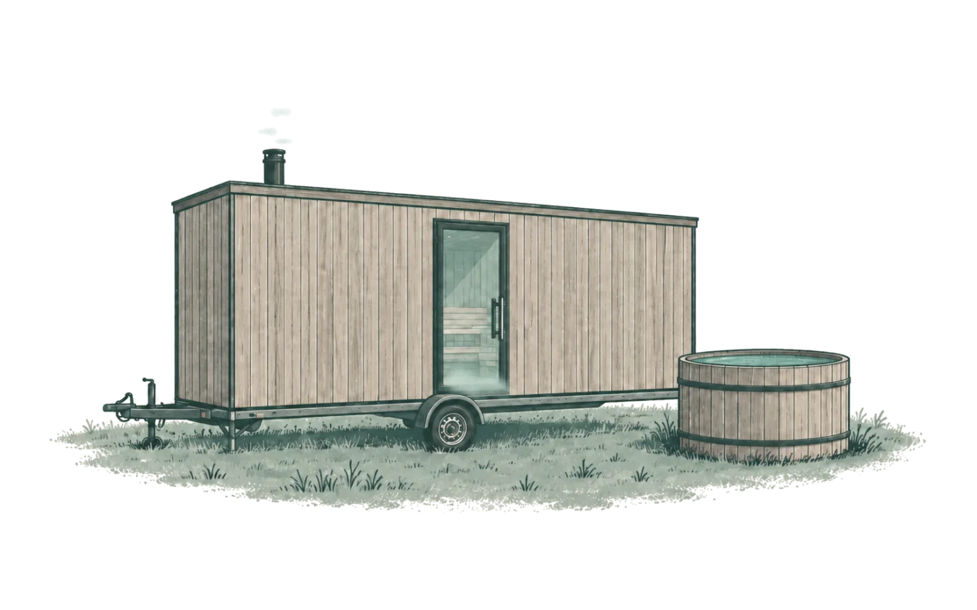 Ink illustration: a long timber sauna on a single-axle trailer, with a round timber plunge tub beside it