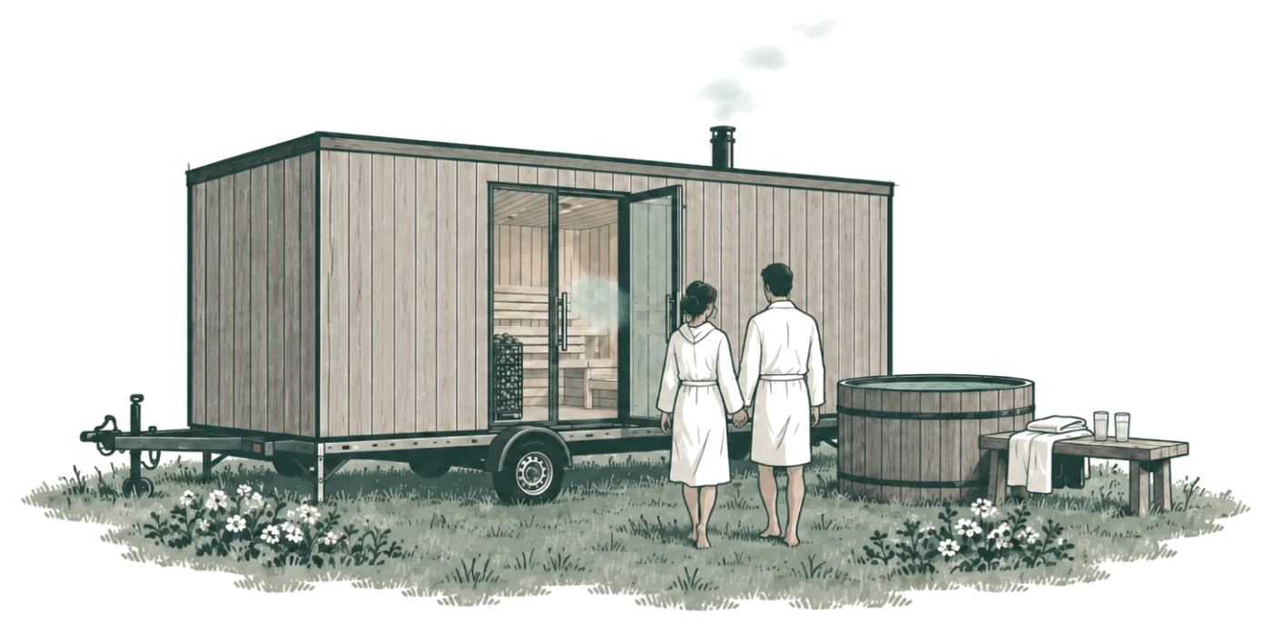 Ink illustration: a couple in white robes walk hand in hand towards a long timber sauna on a trailer, with a plunge tub and a bench of towels