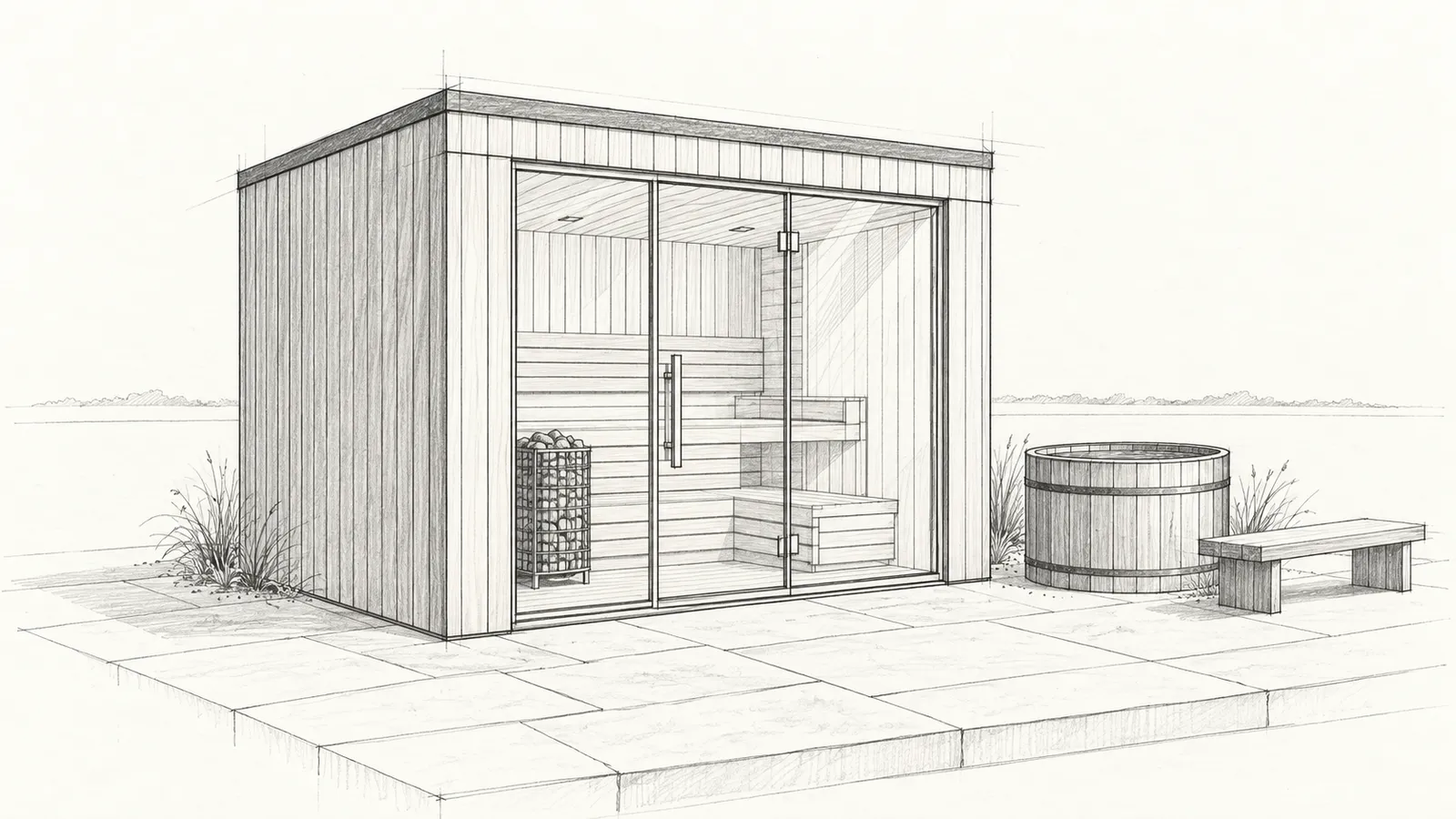 A pencil sketch of a flat-roofed cedar sauna with a glazed front, a timber plunge tub and a bench